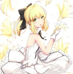 Rule 34 | 1girl, :o, ahoge, artoria pendragon (all), artoria pendragon (fate), bare shoulders, black bow, blonde hair, blush, bow, commentary, dress, fate/stay night, fate/unlimited codes, fate (series), flower, gloves, green eyes, hair between eyes, hair bow, holding, holding flower, lily (flower), looking at viewer, looking to the side, parted lips, pleated dress, ponytail, rocm (nkkf3785), saber lily, sidelocks, sleeveless, sleeveless dress, solo, twitter username, white background, white dress, white flower, white gloves, yellow flower
