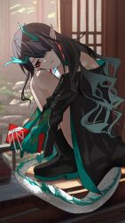 Rule 34 | 00kashian00, 1girl, arknights, arm tattoo, black hair, black jacket, dragon girl, dragon horns, dragon tail, dress, dusk (arknights), green hair, hair over one eye, highres, holding, horns, jacket, looking at viewer, multicolored hair, off shoulder, one eye covered, pointy ears, red eyes, sitting, skirt, solo, streaked hair, tail, tattoo