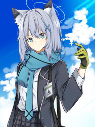 Rule 34 | 1girl, absurdres, animal ear fluff, animal ears, black skirt, blazer, blue archive, blue eyes, blue hair, blue scarf, cat ears, closed mouth, cloud, cross, gloves, hair between eyes, halo, hand up, highres, id card, jacket, long sleeves, looking at viewer, medium hair, messy hair, necktie, open clothes, open jacket, plaid, plaid skirt, pokarii zuu, scarf, shiroko (blue archive), shirt, sidelocks, skirt, sky, solo, standing, upper body, white shirt, wrist cuffs, yellow gloves