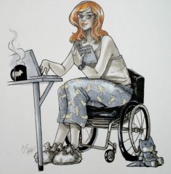 Rule 34 | 1girl, animal print, barbara gordon, bat (symbol), bat print, batman (series), book, character doll, coffee cup, computer, cup, dc comics, disposable cup, glasses, laptop, oracle, oracle (dc), orange hair, pajamas, simple background, sitting, slippers, solo, stuffed toy, tank top, wheelchair
