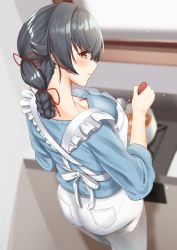 Rule 34 | 1girl, apron, black hair, blue shirt, breasts, closed mouth, hair between eyes, highres, holding, holding ladle, jingei (kancolle), kantai collection, ladle, large breasts, long hair, long sleeves, looking back, pants, red eyes, shirt, solo, white apron, white pants, zuki