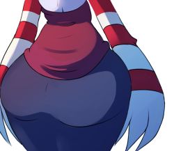 Rule 34 | 1girl, ass, ass focus, close-up, curvy, from behind, highres, huge ass, lower body, simple background, skullgirls, narrow waist, solo, squigly (skullgirls), striped, striped sleeves, white background, wide hips, zombie