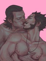 Rule 34 | 2boys, alternate body hair, bara, beard, black hair, chest hair, closed eyes, completely nude, couple, crocodile (one piece), dracule mihawk, facial hair, grabbing, grabbing from behind, hair slicked back, hairy, happy sex, highres, kiss, large pectorals, long sideburns, male focus, mature male, multiple boys, muscular, muscular male, mustache, nipples, nude, one piece, out-of-frame censoring, pectoral grab, pectorals, red lips, short hair, sideburns, smile, stjarnskrik, thick eyebrows, yaoi