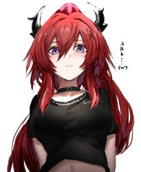 Rule 34 | 1girl, arknights, black choker, black shirt, breasts, character name, choker, commentary request, demon horns, highres, horn/wood, horns, large breasts, long hair, looking at viewer, navel, official alternate costume, ponytail, purple eyes, red hair, shirt, simple background, solo, surtr (arknights), surtr (liberte echec) (arknights), translation request, upper body, very long hair, white background