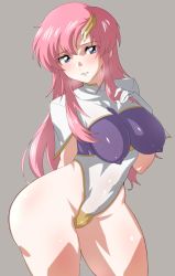 Rule 34 | 1girl, blue eyes, breasts, breath, commentary request, contrapposto, cosplay, covered erect nipples, gloves, grey background, gundam, gundam seed, gundam seed destiny, hair ornament, hairclip, highres, lacus clyne, large breasts, long hair, looking at viewer, meer campbell, meer campbell (cosplay), multicolored leotard, pink hair, rqm55, solo, standing, white gloves