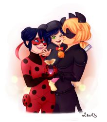Rule 34 | adrien agreste, animal ears, bell, black bodysuit, black hair, blonde hair, blue eyes, bodysuit, bug, butterfly, carrying, cat ears, cat tail, chat noir, domino mask, closed eyes, fake animal ears, fake tail, family, green eyes, hair bun, highres, hood, if they mated, insect, jingle bell, kiss, kissing cheek, ladybug (character), marinette dupain-cheng, mask, miraculous ladybug, aged up, one eye closed, polka dot, red bodysuit, single hair bun, sweet-childhood-dreams, tail, watermark, web address