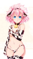 Rule 34 | 1girl, :o, absurdres, animal ears, animal print, bare shoulders, bell, black collar, blue eyes, breasts, clenched hand, collar, commentary request, cow print, cowboy shot, detached sleeves, dungeon toaster, earrings, fake animal ears, forehead, hair between eyes, hand up, highres, jewelry, looking at viewer, medium hair, navel, neck bell, open mouth, panties, pink hair, rance (series), shiny skin, side-tie panties, sill plain, solo, thighhighs, thighs, two-tone background, underwear