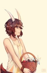 Rule 34 | 1boy, animal ears, apple, artist name, basket, blue eyes, brown hair, carrying, flower, food, freckles, fruit, goat ears, goat tail, head wreath, horns, lily (flower), male focus, original, sangcoon, signature, solo, tail, tank top, upper body, wristband