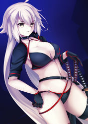 Rule 34 | ahoge, belt, bikini, black bikini, blue background, breasts, cleavage, dutch angle, euforia, fate/grand order, fate (series), gloves, gradient background, hair between eyes, halterneck, hand on own hip, jeanne d&#039;arc alter (swimsuit berserker) (fate), jeanne d&#039;arc (fate), jeanne d&#039;arc alter (fate), jeanne d&#039;arc alter (swimsuit berserker) (fate), katana, large breasts, long hair, navel, o-ring, o-ring belt, o-ring bikini, panties, popped collar, sheath, sheathed, shrug (clothing), solo, standing, swimsuit, sword, thigh strap, thighs, underwear, v-shaped eyebrows, very long hair, weapon, white hair, yellow eyes