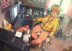 Rule 34 | 1girl, adidas, ahoge, akira (manga), barefoot, blonde hair, bottle, box, breasts, brown eyes, can, cardboard box, chair, cigarette, cigarette pack, cleavage, collarbone, commentary, computer, cup, desk, desk lamp, drawing tablet, glasses, headset, hood, hoodie, keyboard (computer), lamp, large breasts, looking away, messy room, mole, mole on thigh, monamin, monitor, mouse (computer), mug, multicolored hair, nail polish, office chair, open mouth, original, otaku room, panties, plump, poster (object), red-framed eyewear, room, short hair, sitting, smoke, smoking, solo, swivel chair, thick eyebrows, thighs, tissue box, underwear, white panties, window, work gloves