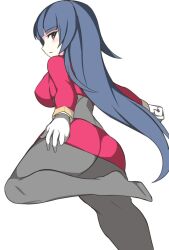 Rule 34 | 1girl, ass, blue hair, brown eyes, closed mouth, creatures (company), feet, full body, game freak, gloves, long hair, looking at viewer, making-of available, nintendo, pink shirt, pokemon, pokemon frlg, sabrina (pokemon), shirt, simple background, socks, sumida kichi, white background