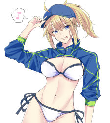 Rule 34 | 1girl, absurdres, ahoge, artoria pendragon (fate), bad id, bad pixiv id, bikini, blonde hair, blue eyes, breasts, cleavage, commentary request, cowboy shot, eyes visible through hair, fate/grand order, fate (series), hair between eyes, hat, highres, koujiro (kouziro 1), large breasts, looking at viewer, musical note, mysterious heroine x (fate), mysterious heroine xx (fate), navel, ponytail, simple background, solo, speech bubble, standing, stomach, swimsuit, tongue, tongue out, white background