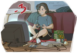 Rule 34 | 1girl, aruka (kiss it goodbye), bag, bag of chips, bandage on face, bandages, bandaid, bandaid on face, baseball, bed, bedroom, black shorts, blue shirt, brown eyes, brown hair, character request, controller, copyright name, crossed legs, crt, cushion, doritos, food, game console, game controller, grin, indian style, indoors, kiss it goodbye, looking away, mouth hold, no shoes, on floor, parted lips, pillow, playing games, playstation 1, pocky, rca connector, shirt, short hair, short sleeves, shorts, signature, sitting, smile, socks, solo, t-shirt, teeth, television, ticcy, tomboy, white socks