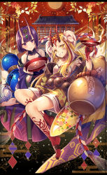 Rule 34 | 2girls, alcohol, blonde hair, blush, breasts, cup, earrings, facial mark, fate/grand order, fate (series), horns, ibaraki douji (fate), japanese clothes, jewelry, kimono, long hair, looking at viewer, multiple girls, navel, oni, open mouth, pointy ears, purple eyes, purple hair, sakazuki, sake, short hair, shuten douji (fate), skin-covered horns, small breasts, smile, tattoo, yellow eyes, yunohito