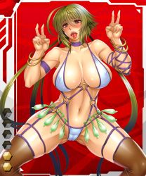 Rule 34 | 1girl, ahegao, asagiri, bikini, blush, breasts, cameltoe, card (medium), card (r), card (red-r), condom, condom belt, covered erect nipples, curvy, female focus, green hair, huge breasts, lilith-soft, long hair, looking at viewer, navel, open mouth, partially visible vulva, ponytail, red eyes, shijo kisaragi, shiny skin, skin tight, solo, standing, swimsuit, taimanin (series), taimanin asagi, taimanin asagi battle arena all card gallery, taimanin asagi kessen arena, thong, tongue, tongue out, used condom, v