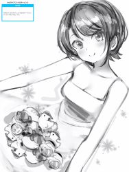 Rule 34 | 1girl, bare arms, bare shoulders, blush, breasts, cleavage, closed mouth, dress, greyscale, head tilt, highres, hololive, looking at viewer, medium breasts, monochrome, nanashi (nlo), oozora subaru, short hair, smile, solo, subaru duck, virtual youtuber, white background