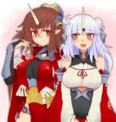 Rule 34 | 2girls, absurdres, azur lane, bare shoulders, breasts, bridal gauntlets, brown hair, closed mouth, detached sleeves, double bun, gauntlets, hair bun, headgear, highres, horns, japanese clothes, jiinku (actoooooon), large breasts, long hair, mikuma (azur lane), mogami (azur lane), multiple girls, open mouth, pointy ears, red eyes, simple background, single horn, smile, upper body, white hair