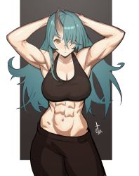 Rule 34 | 1girl, abs, absurdres, arknights, armpits, arms up, blue hair, border, collarbone, commentary, cowboy shot, distr, hair between eyes, highres, horns, hoshiguma (arknights), long hair, looking at viewer, muscular, muscular female, navel, signature, single horn, solo, sports bra, sportswear, sweatdrop, white border, yellow eyes