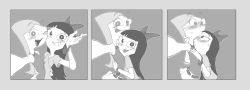 Rule 34 | 2girls, :p, bare shoulders, blunt bangs, blush, bow, breasts, candace flynn, candace gertrude flynn, disney, grey background, grin, hair bow, hug, long hair, looking at viewer, miniskirt, monochrome, multiple girls, one eye closed, outstretched arm, phineas and ferb, selfie, simple background, skirt, small breasts, smile, stacy hirano, sweat, sweatdrop, tongue, tongue out, wink, yuri
