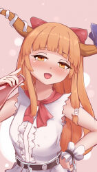 Rule 34 | 1girl, belt, blunt bangs, blush, bottle, bow, breasts, hair bow, half-closed eyes, hand on own hip, highres, holding, holding bottle, horn ornament, horn ribbon, horns, ibuki suika, long hair, looking at viewer, lykesya, neckerchief, nose blush, open mouth, orange hair, pink background, red bow, red neckerchief, ribbon, shirt, sidelocks, sleeveless, sleeveless shirt, small breasts, torn clothes, torn sleeves, touhou, upper body, variant set, white shirt, wrist cuffs, yellow eyes
