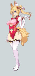 Rule 34 | 1girl, animal ears, blonde hair, blue eyes, boots, breasts, china dress, chinese clothes, cleavage, cleavage cutout, clothing cutout, dress, fingerless gloves, fox ears, fox tail, full body, gloves, hair ornament, heart cutout, himukai kyousuke, navel, navel cutout, original, ponytail, simple background, smile, solo focus, tail, thigh boots, thighhighs, underboob, underboob cutout, white thighhighs