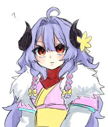 Rule 34 | 1girl, ?, ahoge, black horns, braid, closed mouth, flower, fur collar, hair between eyes, hair intakes, highres, horn flower, horns, kindred (league of legends), league of legends, ri ~yoku, simple background, smile, solo, spirit blossom kindred, twin braids, upper body, white background, yellow flower