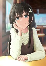 Rule 34 | 1girl, :3, black hair, blue eyes, blurry, blurry background, brown dress, cafe, casual, closed mouth, commentary request, day, dress, elbow on table, flower, hair between eyes, hair flower, hair ornament, hand on own cheek, hand on own face, head rest, highres, indoors, k3rd, light blush, long hair, long sleeves, looking at viewer, pinafore dress, pov across table, saten ruiko, sidelocks, sleeveless dress, smile, smug, solo, sweater, table, toaru kagaku no railgun, toaru majutsu no index, white flower, white sweater, window