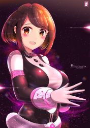 Rule 34 | 1girl, :d, artist name, black bodysuit, blush, bodysuit, boku no hero academia, breasts, brown eyes, brown hair, chinchongcha, highres, large breasts, looking at viewer, multicolored bodysuit, multicolored clothes, open mouth, own hands together, pink bodysuit, short hair, signature, skin tight, smile, solo, space, upper body, uraraka ochako