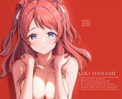 1girl :o absurdres blue_eyes blush breasts character_name collarbone commentary_request completely_nude english_text fujinomiya_rio gakuen_idolmaster hanami_saki highres idolmaster long_hair looking_at_viewer medium_breasts nude red_background red_hair simple_background solo two_side_up upper_body