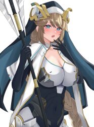 Rule 34 | 1girl, armored bodysuit, black gloves, blonde hair, blue eyes, blush, bodysuit, braid, breasts, cleavage, dress, gloves, goddess of victory: nikke, habit, highres, holding, holding staff, large breasts, long hair, looking at viewer, nun, open mouth, peli cantaro, rapunzel (nikke), solo, staff, standing, very long hair