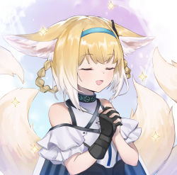 Rule 34 | 1girl, :d, animal ears, arknights, bare shoulders, black gloves, blonde hair, blue hairband, blush, braid, braided hair rings, closed eyes, commentary request, fang, fox ears, fox tail, gloves, hairband, hands up, highres, infection monitor (arknights), interlocked fingers, jiliang jiying yumao, multiple tails, open mouth, own hands together, short hair, short sleeves, single glove, smile, solo, sparkle, suzuran (arknights), tail, upper body
