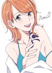 Rule 34 | 1girl, bare shoulders, bikini, bikini top only, blue bikini, character name, chiya op, collarbone, hair behind ear, hand on own arm, heart, highres, light blush, looking at viewer, nami (one piece), one piece, orange eyes, orange hair, short hair, shoulder tattoo, simple background, single sidelock, smile, solo, swept bangs, swimsuit, tattoo, teeth, tongue, tongue out, upper body, upper teeth only, white background