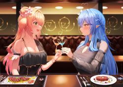 Rule 34 | 2girls, :d, absurdres, black dress, blonde hair, blue hair, blue nails, blush, breasts, brown eyes, cleavage, cleavage cutout, closed mouth, clothing cutout, commentary request, cup, dress, drinking glass, food, fork, gradient hair, green eyes, hair between eyes, highres, holding, holding cup, hololive, indoors, knife, large breasts, long hair, long sleeves, looking at another, momosuzu nene, multicolored hair, multiple girls, nail polish, open mouth, orange nails, pink hair, plate, restaurant, smile, suiran (liquiddoes), toasting (gesture), upper body, very long hair, virtual youtuber, yukihana lamy