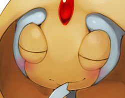 Rule 34 | 1girl, blue skin, blush, close-up, closed eyes, closed mouth, colored skin, creatures (company), cropped, female focus, forehead jewel, game freak, gen 4 pokemon, hand to own mouth, hand up, highres, legendary pokemon, multicolored skin, my700, nintendo, pokemon, pokemon (creature), simple background, solo, two-tone skin, uxie, white background, yellow skin