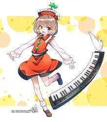 Rule 34 | 1girl, :d, brown footwear, brown hair, frilled hat, frills, hat, hat ornament, highres, instrument, keyboard (instrument), long sleeves, looking at viewer, lyrica prismriver, open mouth, pixiv id, red hat, red skirt, short hair, signature, skirt, smile, solo, star (symbol), star hat ornament, touhou, twitter username, umigarasu (kitsune1963), white legwear, yellow eyes