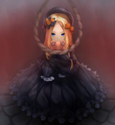Rule 34 | 1girl, abigail williams (fate), black bow, black dress, black hat, blonde hair, blue eyes, bow, dress, fate/grand order, fate (series), forehead, hair bow, hat, highres, long hair, long sleeves, multiple hair bows, noose, orange bow, parted bangs, polka dot, polka dot bow, rope, sleeves past wrists, solo, stuffed animal, stuffed toy, teddy bear, ven (ven neojio)