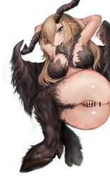 Rule 34 | 1girl, animal feet, anus, arms behind head, arms up, ass, baphomet, baphomet (black souls), bar censor, black fur, black horns, black souls, black wings, blonde hair, blue eyes, blush, body fur, bottomless, breasts, censored, earrings, ears down, eyelashes, goat girl, goat horns, goat legs, hair over one eye, highres, hoop earrings, hooves, horizontal pupils, horns, jewelry, long hair, looking at viewer, medium breasts, midriff, parted lips, pentagram, pointy ears, pussy, ropeperson, simple background, solo, thighs, twisted torso, white background, wings