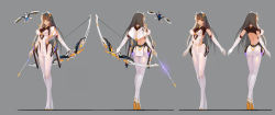 Rule 34 | 1girl, 300 heroes, absurdres, arrow (projectile), bad id, bad pixiv id, bow (weapon), breasts, capelet, character sheet, elbow gloves, glasses, gloves, grey background, grey hair, headgear, high heels, highres, large breasts, leotard, long hair, looking at viewer, mecha musume, multiple views, orange eyes, pantyhose, pelvic curtain, shiny clothes, simple background, solo, standing, weapon, white leotard, white pantyhose, zhuore zhi hen