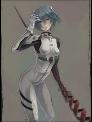 Rule 34 | 1girl, armpits, ayanami rei, blue hair, bodysuit, bracer, breasts, expressionless, from side, frown, gloves, grey background, hair between eyes, hair ornament, hand on own head, hand up, holding, holding weapon, lance of longinus (evangelion), looking at viewer, metalinu, neon genesis evangelion, pale skin, pillarboxed, pilot suit, plugsuit, polearm, red eyes, short hair, signature, simple background, small breasts, solo, turtleneck, weapon