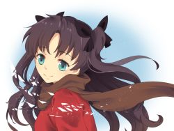 Rule 34 | 1girl, bad id, bad pixiv id, black hair, blue eyes, brown hair, brown scarf, fate/stay night, fate (series), hair ribbon, long hair, ribbon, scarf, smile (mm-l), solo, tohsaka rin, two side up
