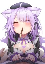 Rule 34 | 1girl, absurdres, ahoge, animal ear fluff, animal ears, beret, black headwear, black jacket, blush, breasts, cat ears, cat girl, cat tail, cleavage, cleavage cutout, clothing cutout, collared shirt, food, food in mouth, hat, heart on chest, highres, holding, holding food, holding pocky, hololive, jacket, large breasts, looking at viewer, mouth hold, nekomata okayu, nekomata okayu (wonderland), official alternate costume, one eye closed, pocky, pocky day, pocky in mouth, purple eyes, purple hair, shirt, shirt grab, tail, tkc (user snjd8547), virtual youtuber, white background, white shirt