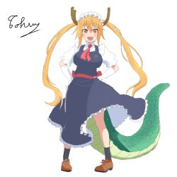 Rule 34 | artist request, black dress, black legwear, blonde hair, blush, breasts, brown footwear, character name, dragon, dragon girl, dragon tail, dress, gloves, hair between eyes, hair ornament, hairclip, hand on own hip, horns, kobayashi-san chi no maidragon, large breasts, long hair, maid, open mouth, red eyes, shirt, simple background, smile, solo, tail, tohru (maidragon), white background, white gloves, white shirt