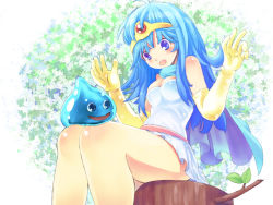Rule 34 | 1girl, :d, :o, antenna hair, arms up, bare shoulders, belt, blue eyes, blue hair, blue skin, blush, body blush, breasts, cape, chunsoft, circlet, cleavage, colored skin, dragon quest, dragon quest iii, dress, elbow gloves, enix, fantasy, flower, gem, gloves, in tree, leaf, legs, long hair, looking down, monster, nature, open mouth, outdoors, sage (dq3), short dress, sidelocks, sitting, sitting in tree, sitting on lap, sitting on person, slime (dragon quest), smile, solo, surprised, tansan3, tree, tree stump