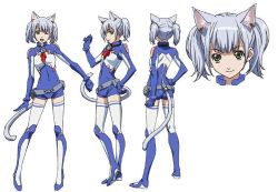 Rule 34 | 1girl, animal ears, asobi ni iku yo!, back, bell, blue hair, bodysuit, cat ears, cat tail, chaika, closed mouth, full body, green eyes, grey hair, jingle bell, monster girl, multiple views, one eye closed, open mouth, short twintails, simple background, smile, socks, stand, standing, tail, twintails, white background, wink