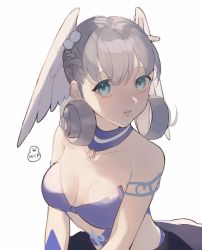Rule 34 | 1girl, bare shoulders, bikini, blue eyes, blush, braid, breasts, crown braid, curly hair, head wings, highres, long hair, looking at viewer, medium breasts, melia antiqua, mirin., simple background, solo, strapless, strapless bikini, swimsuit, upper body, wings, xenoblade chronicles: future connected, xenoblade chronicles (series), xenoblade chronicles 1