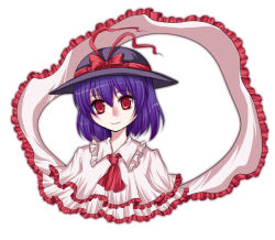 Rule 34 | 1girl, ascot, bow, capelet, closed mouth, female focus, hat, hat bow, looking back, miyoshi, nagae iku, purple hair, red bow, red eyes, short hair, simple background, smile, solo, touhou, white background