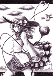 Rule 34 | 1girl, arrow (projectile), bird, female focus, graphite (medium), hane (azelye), hat, heart, heart of string, komeiji koishi, monochrome, purple theme, solo, touhou, traditional media, windmill