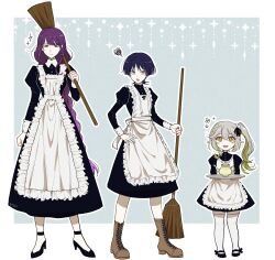 Rule 34 | 1boy, 2girls, absurdres, alternate costume, apron, artist name, back bow, black bow, black dress, black footwear, blue background, blue hair, blunt ends, blush, border, bow, braid, breasts, broom, brown footwear, buttons, closed mouth, collared dress, cross-shaped pupils, crossdressing, dark blue hair, dress, frills, full body, genshin impact, green eyes, green hair, grey hair, hair bow, hand on own hip, hand up, high heels, highres, holding, holding broom, holding tray, juliet sleeves, kettle, long hair, long sleeves, looking at viewer, looking to the side, low-braided long hair, low-tied long hair, maid, maid headdress, medium breasts, mole, mole under eye, multiple girls, nahida (genshin impact), no headwear, open mouth, outside border, pillosopi, pointy ears, ponytail, puffy sleeves, purple eyes, purple hair, raiden shogun, scaramouche (genshin impact), shoes, short hair, side ponytail, simple background, smile, socks, sparkle, standing, symbol-shaped pupils, teeth, thighhighs, tray, white apron, white border, white bow, white socks, white thighhighs
