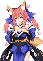 Rule 34 | 1girl, absurdres, animal ears, bad id, bad pixiv id, bare shoulders, blush, bow, breasts, catnnn, cleavage, commentary request, detached sleeves, fate (series), fox ears, fox tail, hair between eyes, hair bow, hair ribbon, heart, highres, japanese clothes, large breasts, long hair, looking at viewer, pink hair, ribbon, simple background, smile, solo, tail, tamamo (fate), tamamo no mae (fate/extra), twintails, white background, yellow eyes