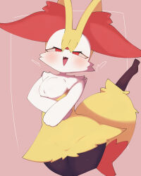 Rule 34 | 1girl, :3, animal ear fluff, animal ears, animal nose, black fur, blush, body fur, braixen, cowboy shot, creatures (company), cropped legs, fang, female focus, flat chest, fox ears, fox girl, fox tail, furry, furry female, game freak, gen 6 pokemon, half-closed eyes, happy, heart, highres, looking at viewer, multicolored fur, neck fur, nintendo, open mouth, pokemon, pokemon (creature), red background, red eyes, sakuyan (sakuyan1007), simple background, skin fang, smile, snout, solo, standing, stick, tail, thick thighs, thighs, white fur, wide hips, yellow fur